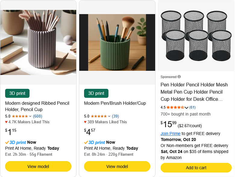 Two Print The Cart cards for printable pencil cups shown first in Amazon search results, at $1.15 and $4.57 to print.
