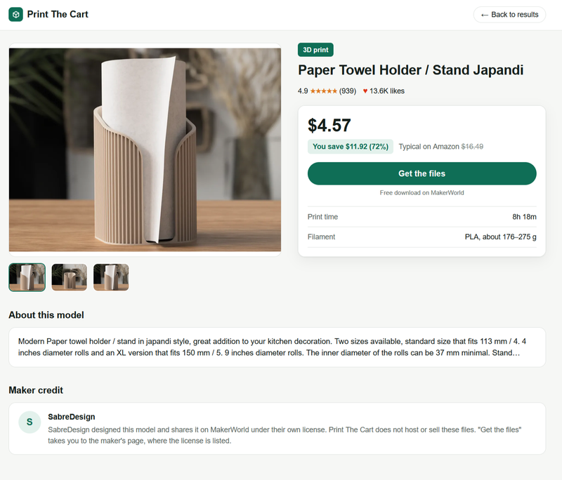 Print The Cart page for the Japandi paper towel holder, showing $4.57 to print, $11.92 saved versus Amazon, print time, and a Get the files button.